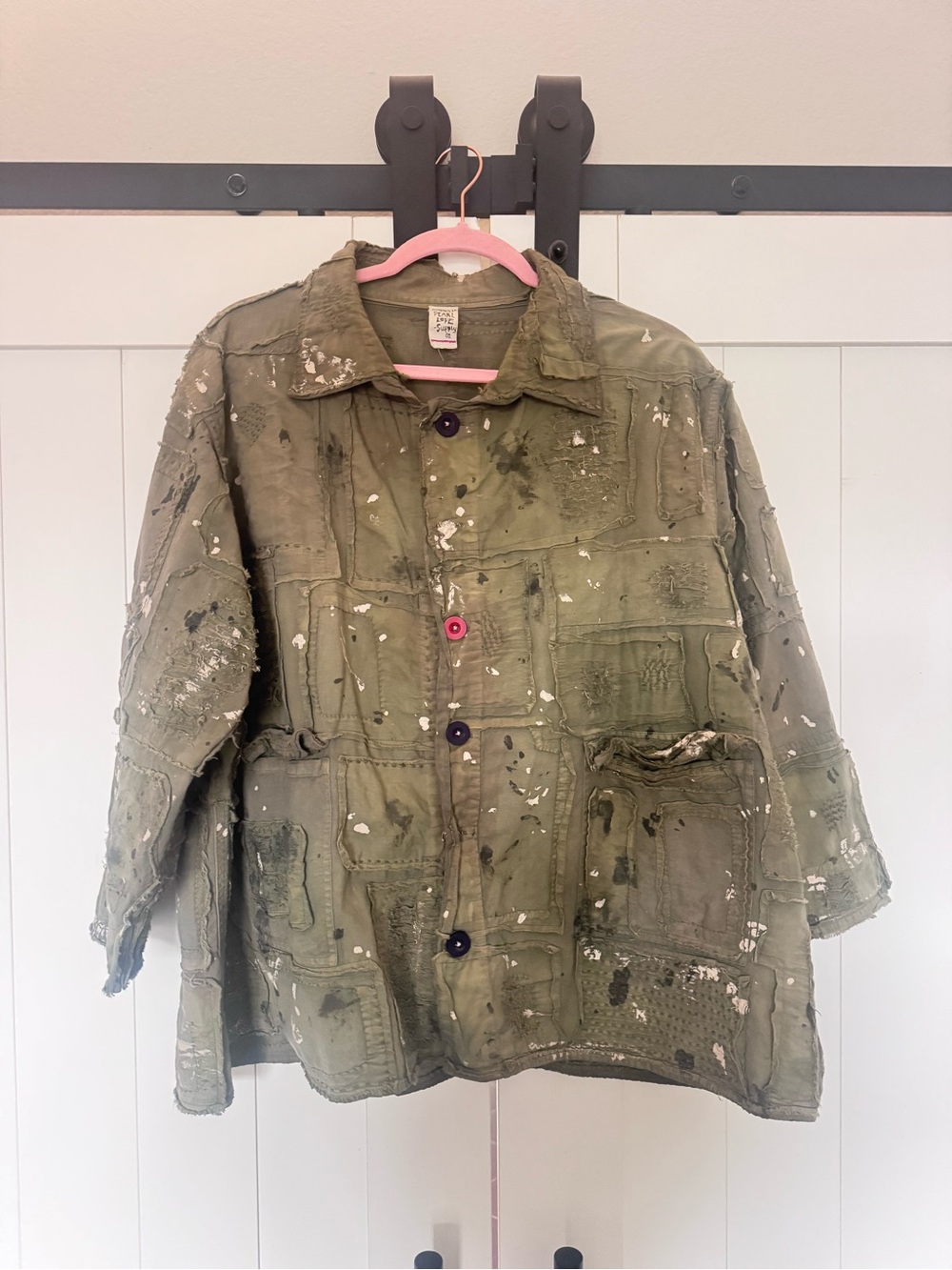 Magnolia Pearl Olive Green Patchwork Paint-Splatter Utility Jacket